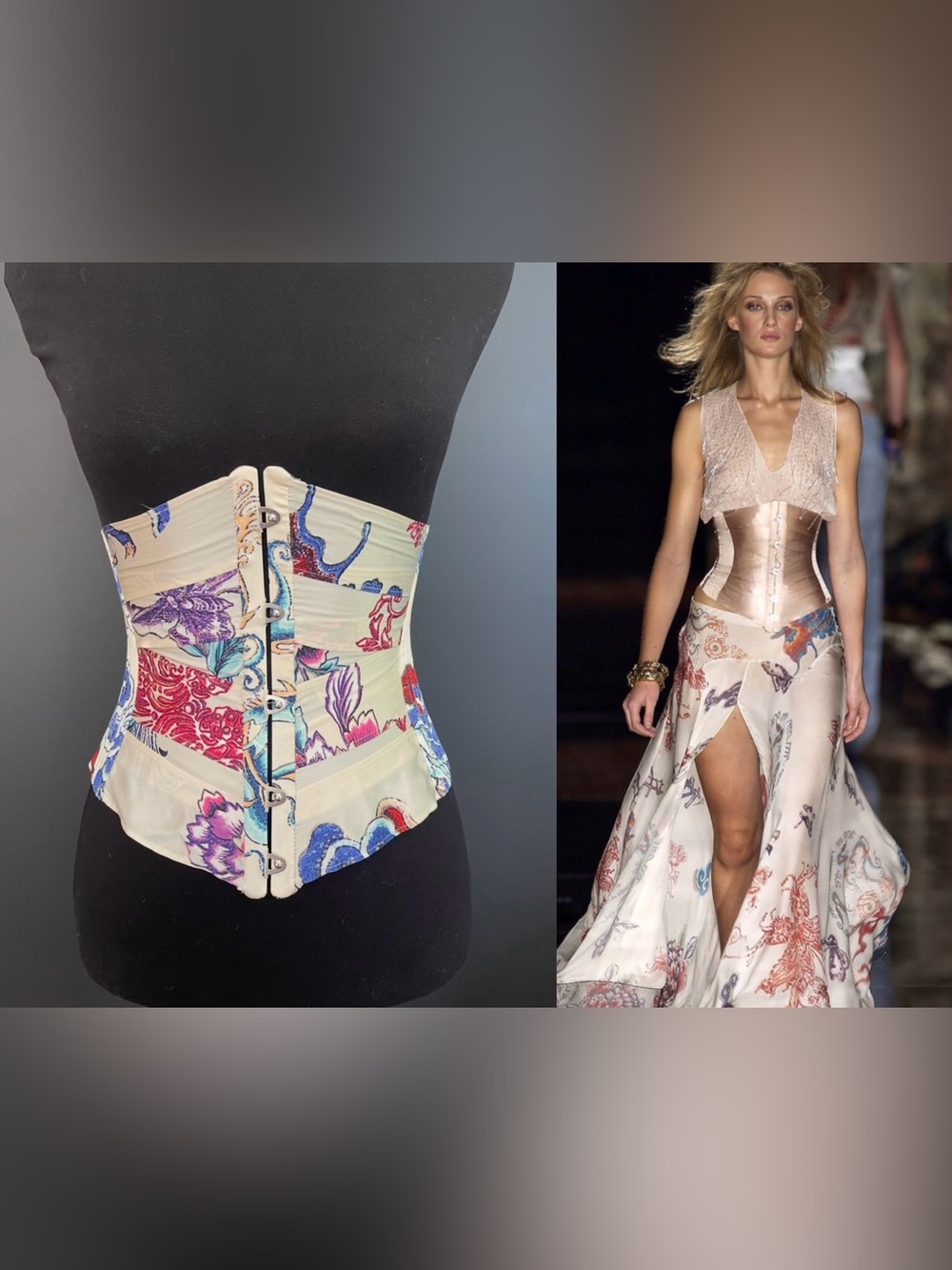 ROBERTO CAVALLI Vintage S/S 2003 Ivory Floral Chinoiserie Silk Corset Cincher S